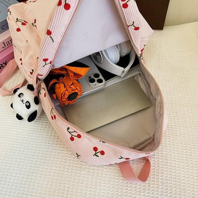 Cherry Print Corduroy Backpack for Women - Spinel SJ8519SCH - Senjia wholesale backpack detail