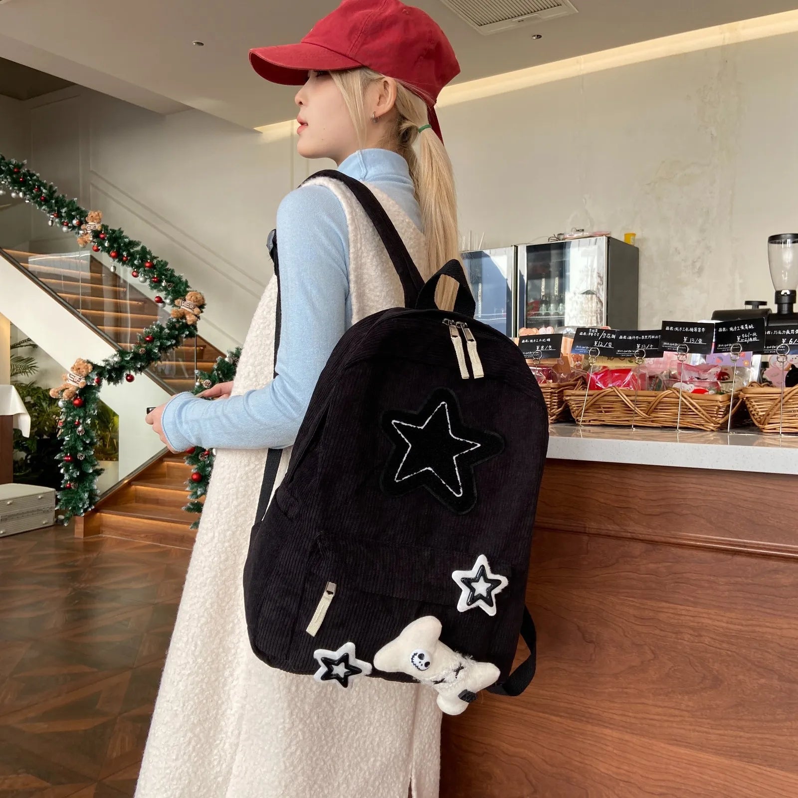 Jade corduroy backpack star patch detail