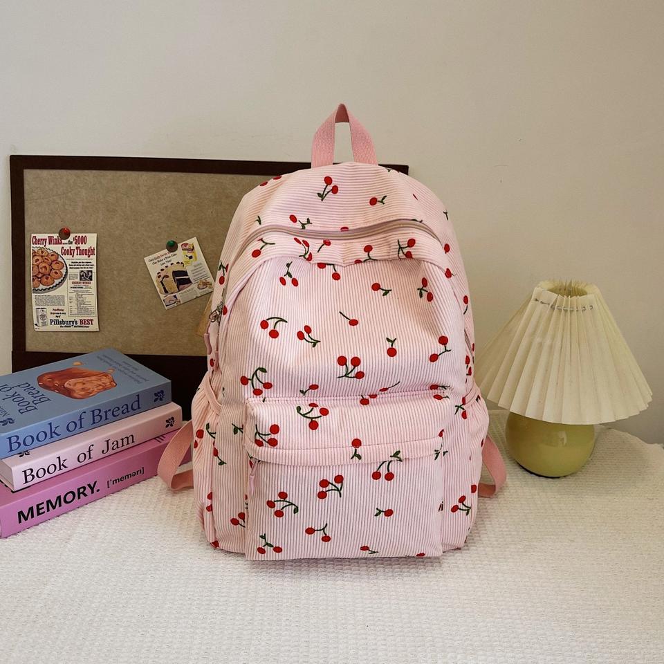 Cherry Print Corduroy Backpack for Women - Spinel SJ8519SCH - Senjia wholesale backpack detail