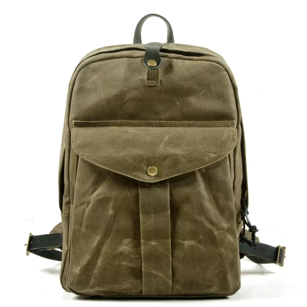 Waxed canvas backpack leather trim detail