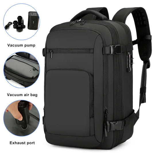 Telesto vacuum compression travel backpack in black with vacuum pump