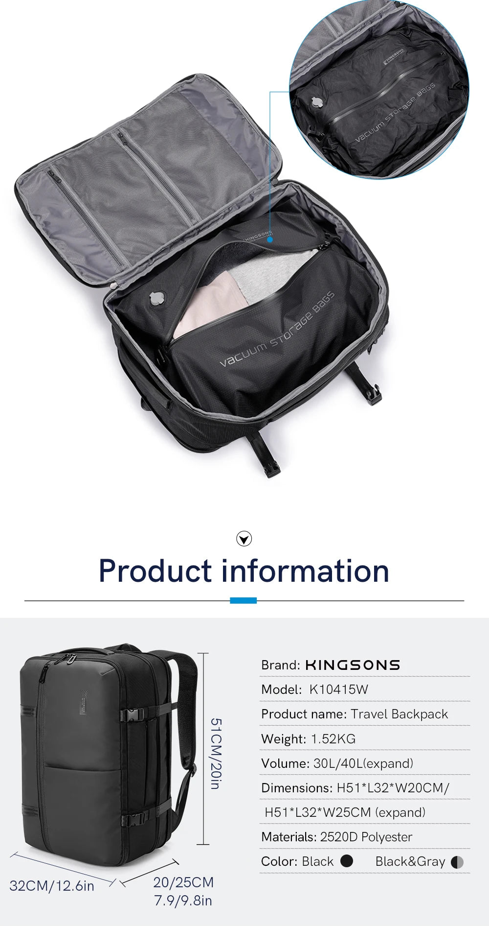Kingsons K10415W Vacuum Expandable Travel Backpack