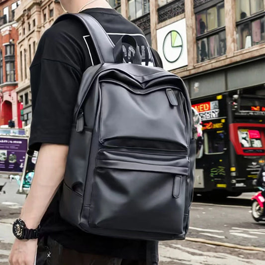 Herse soft PU leather business laptop backpack in black, worn