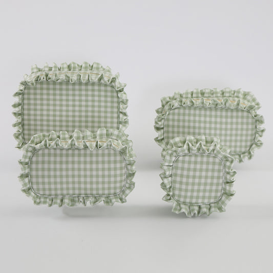 Backper Carina Gingham Ruffle Cotton Makeup Bag — Green