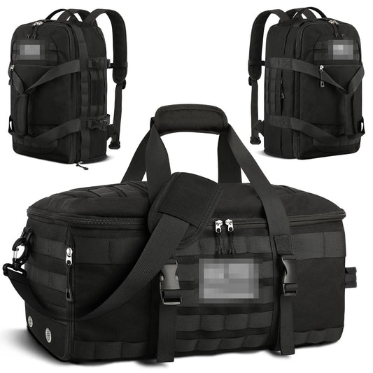Tactical travel backpack with shoe compartment front view