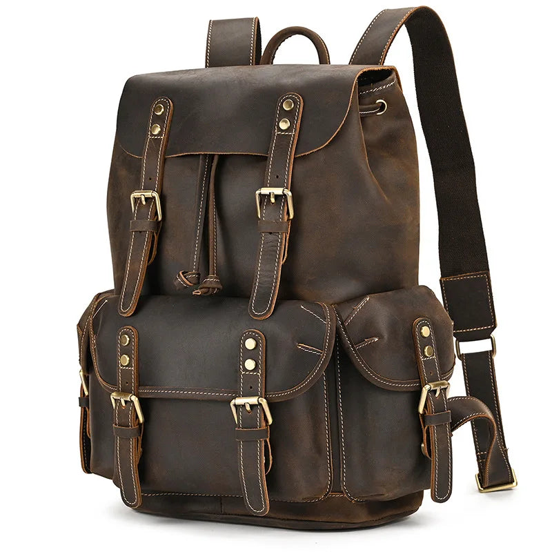 Thyone leather backpack front flap and buckles