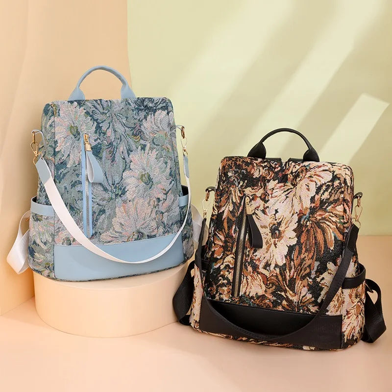 Coral Chinese ink-wash print women's backpack, blue and brown floral