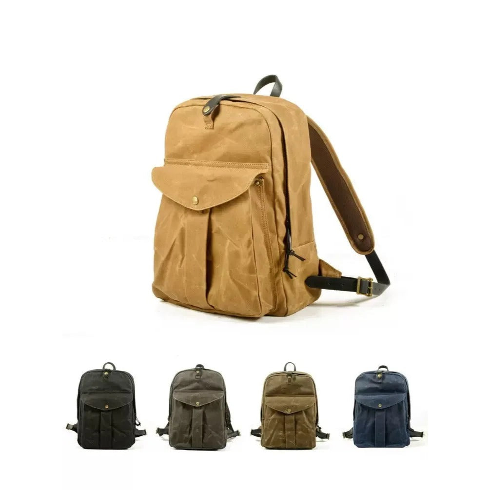 Waxed canvas backpack lifestyle view