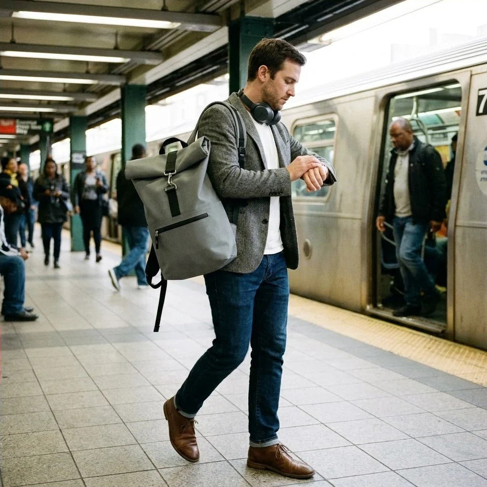 Uteri BP8825 roll-top backpack worn on a metro platform