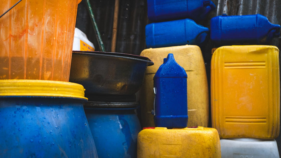 Stacked colorful plastic containers for recycling