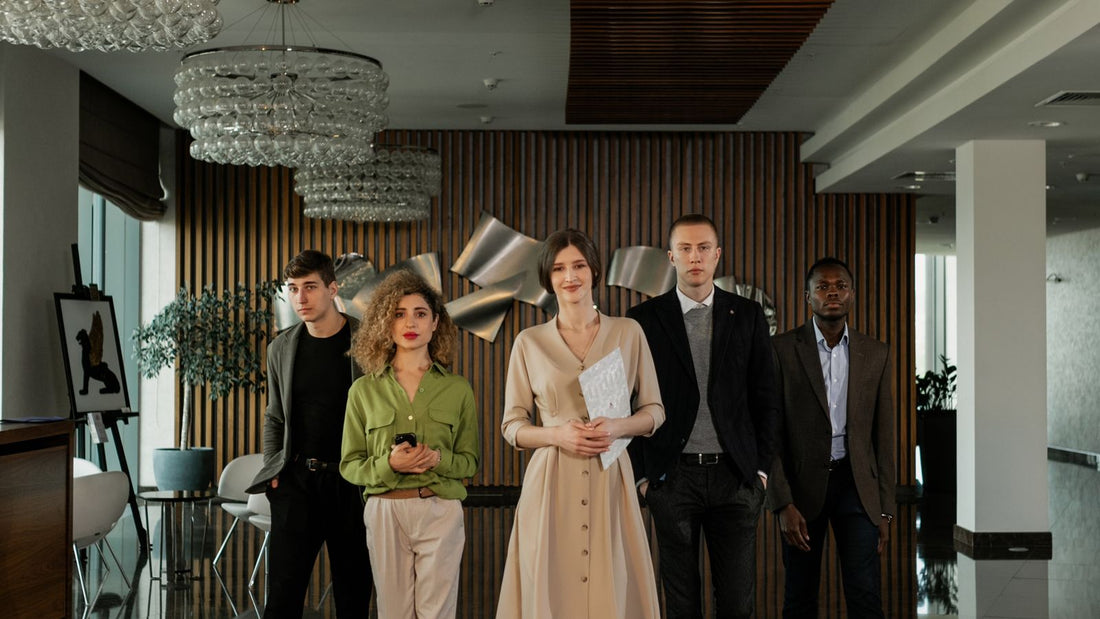 Business professionals walking through a modern conference venue