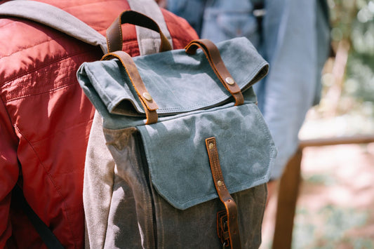 Close-up of a canvas backpack showing straps and webbing