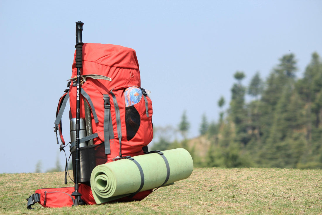 Red hiking backpack with a trekking pole and rolled sleeping pad in a grassy field
