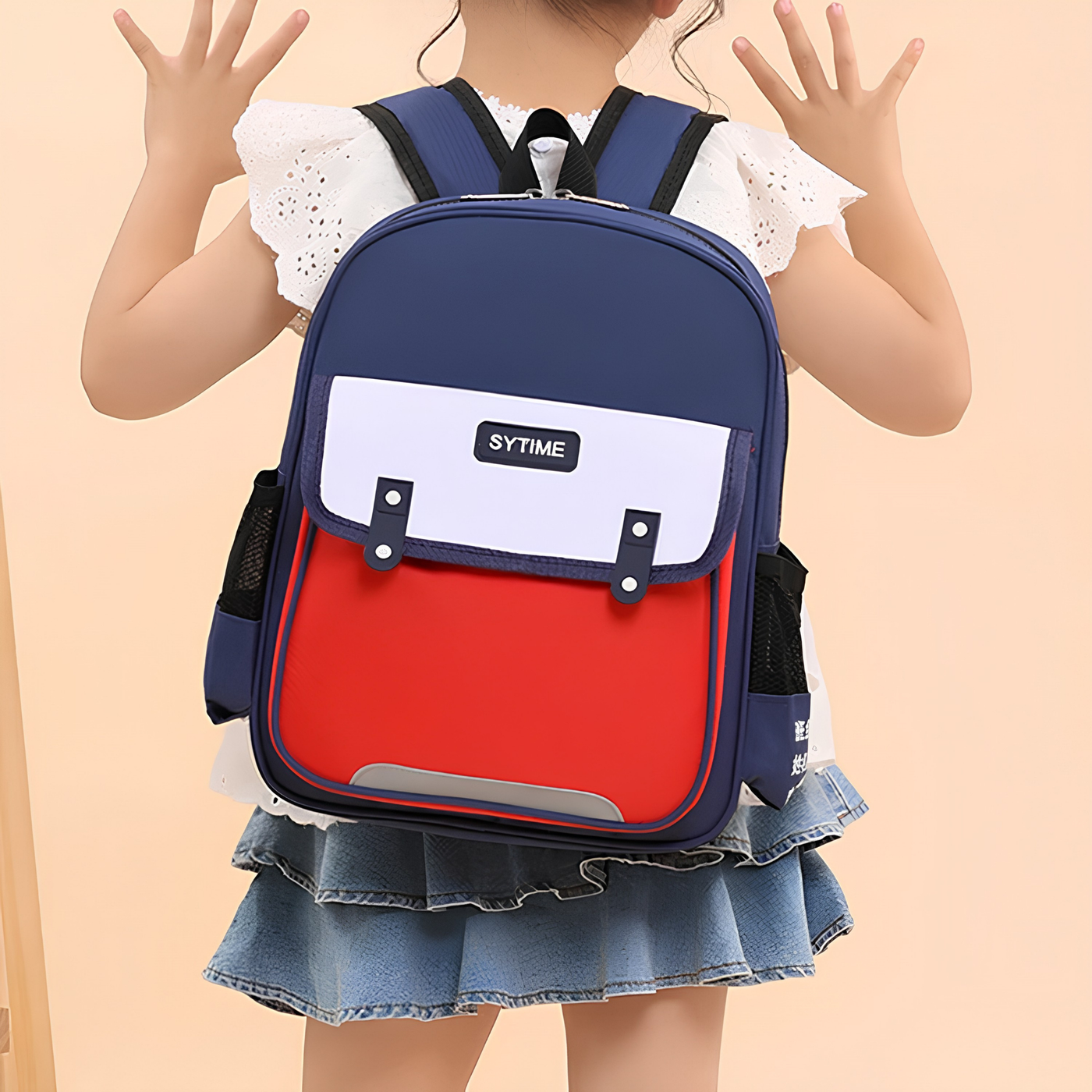 Girl wearing SYTIME kids backpack, enhanced 2000px