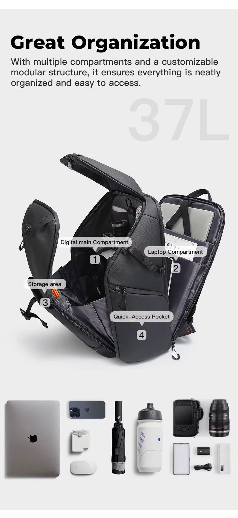 Backper Antares Waterproof Polyester Camera Backpack — angled view