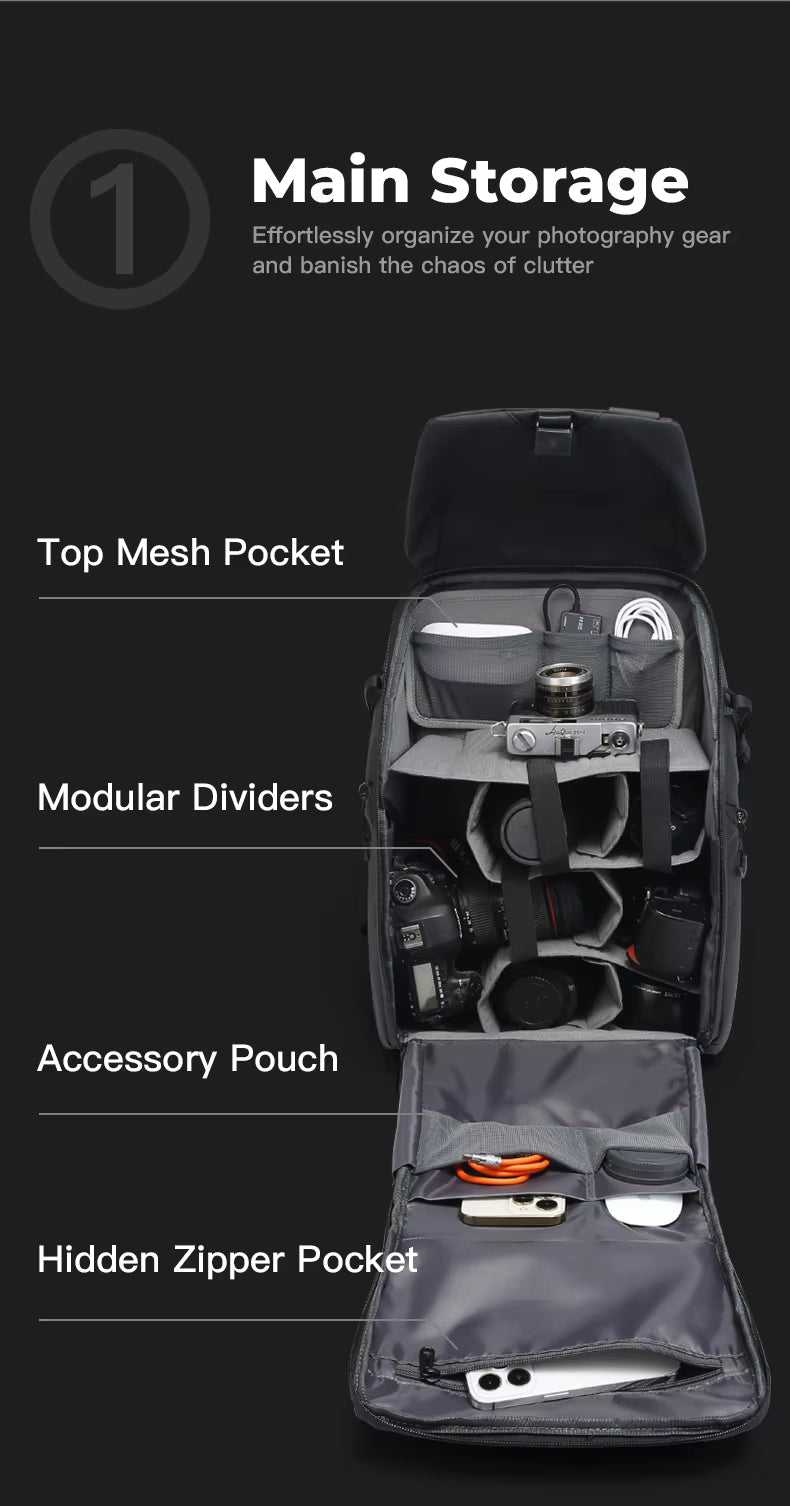 Backper Antares Waterproof Polyester Camera Backpack — pocket layout