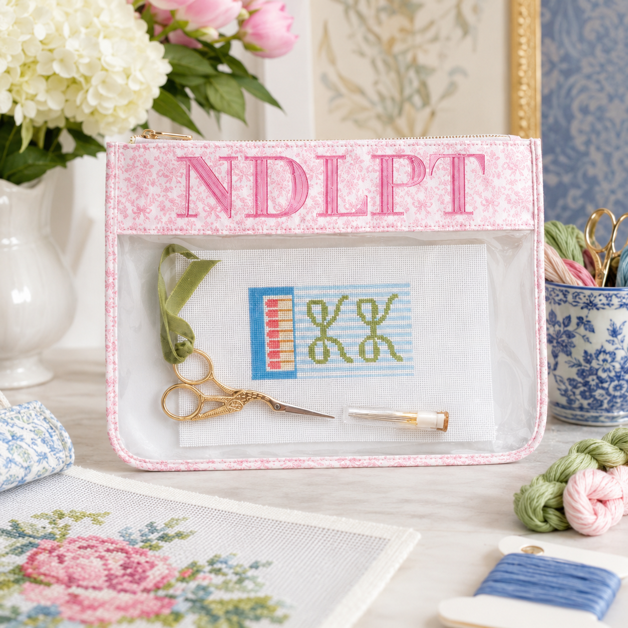 Backper Andromeda Clear Needlepoint Project Bag — Pink Floral (NDLPT)