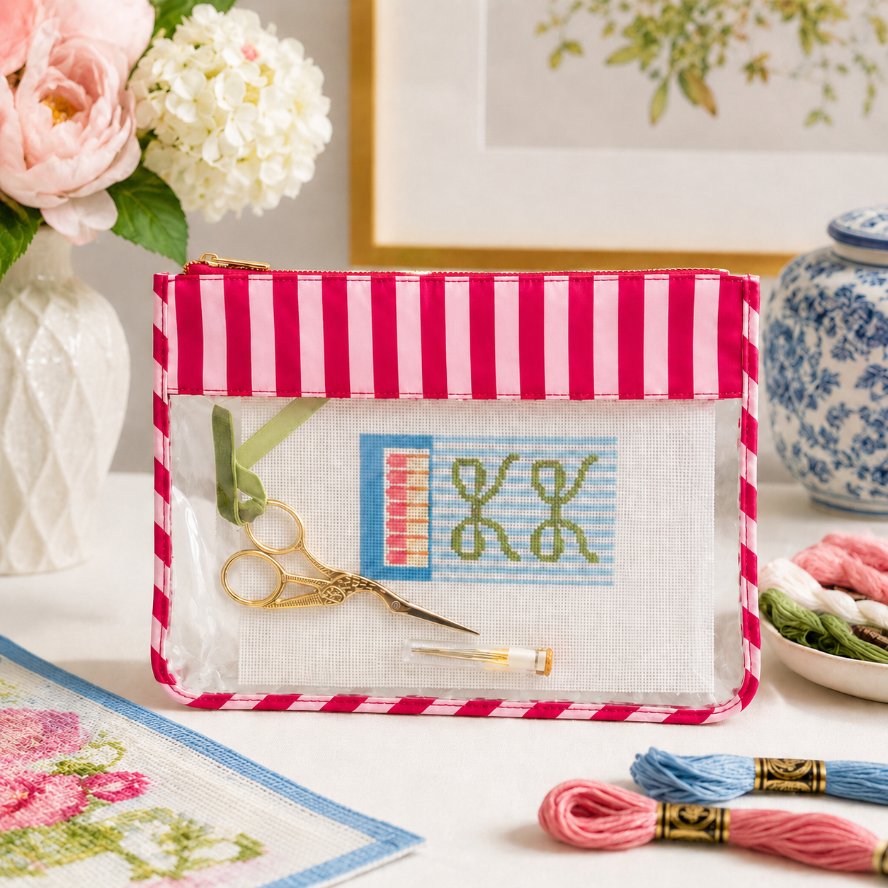Backper Andromeda Clear Needlepoint Project Bag — Red Striped
