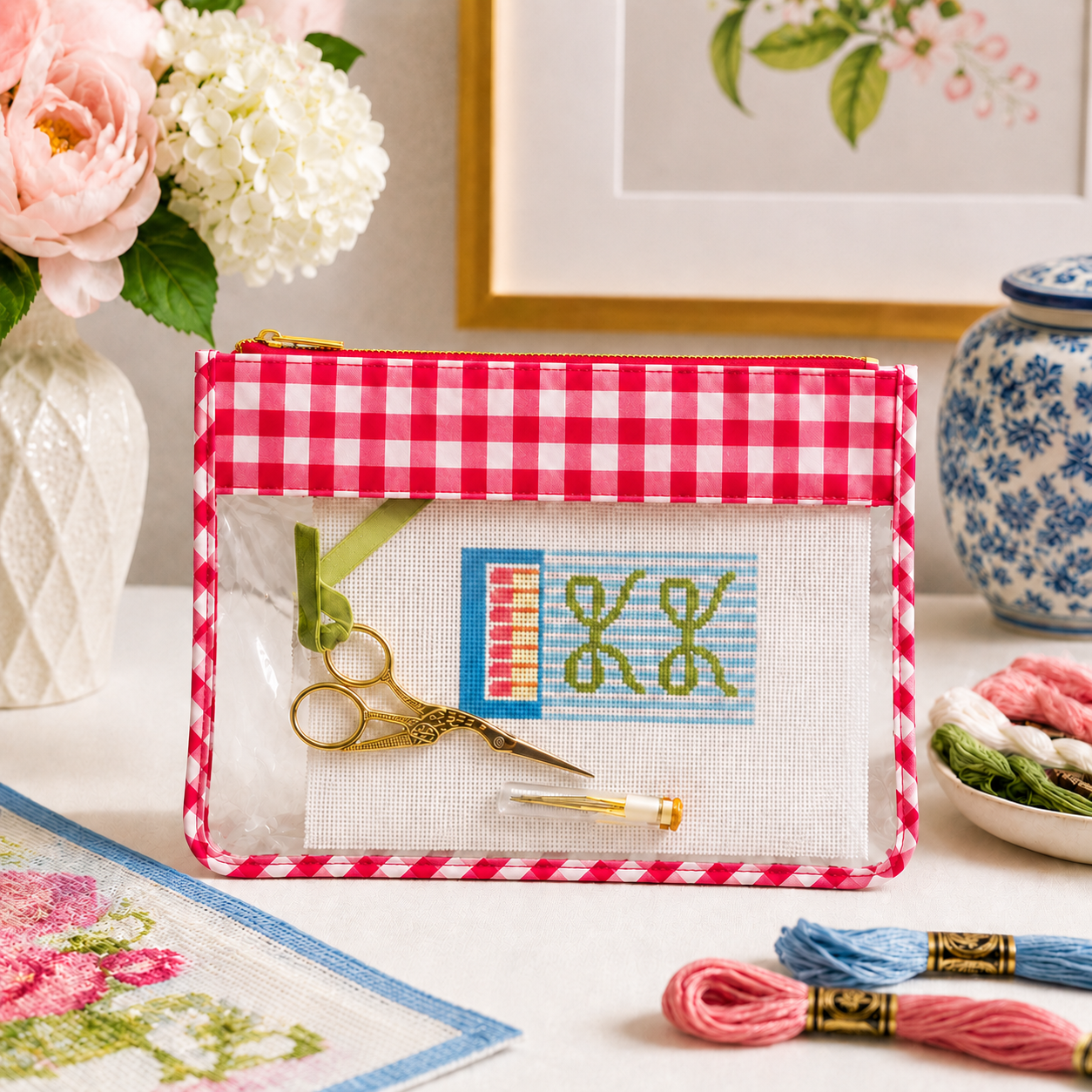 Backper Andromeda Clear Needlepoint Project Bag — Red Checkered