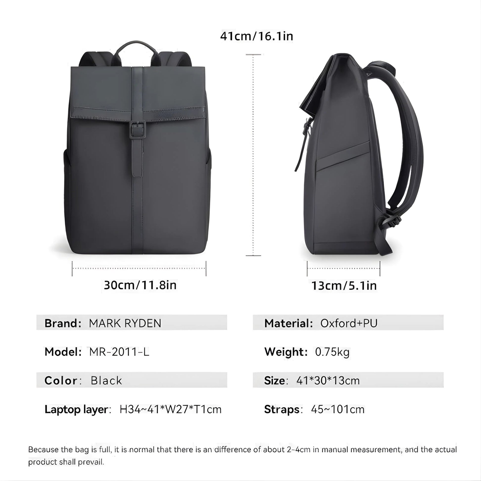 Backper Borealis Anti-Theft Oxford Backpack — size reference