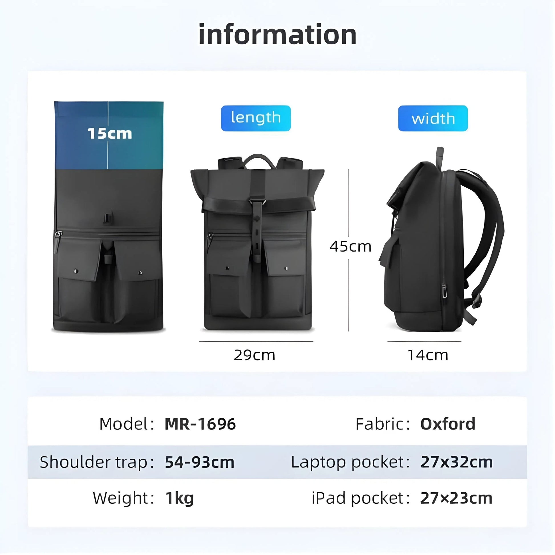 Backper Serpens Waterproof Oxford Backpack — size reference