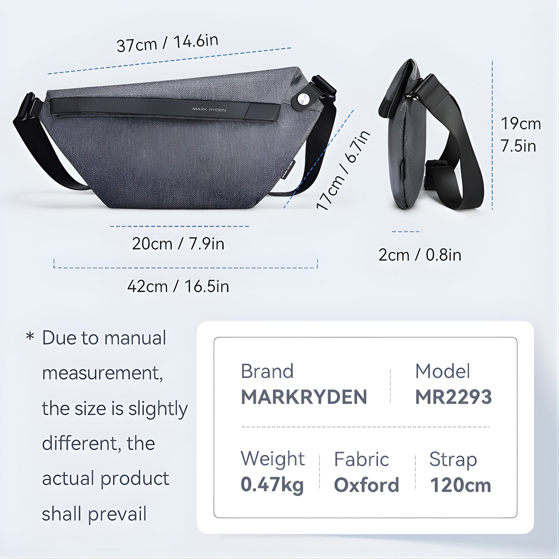 Backper Gemini Waterproof Oxford Sling Bag — size reference
