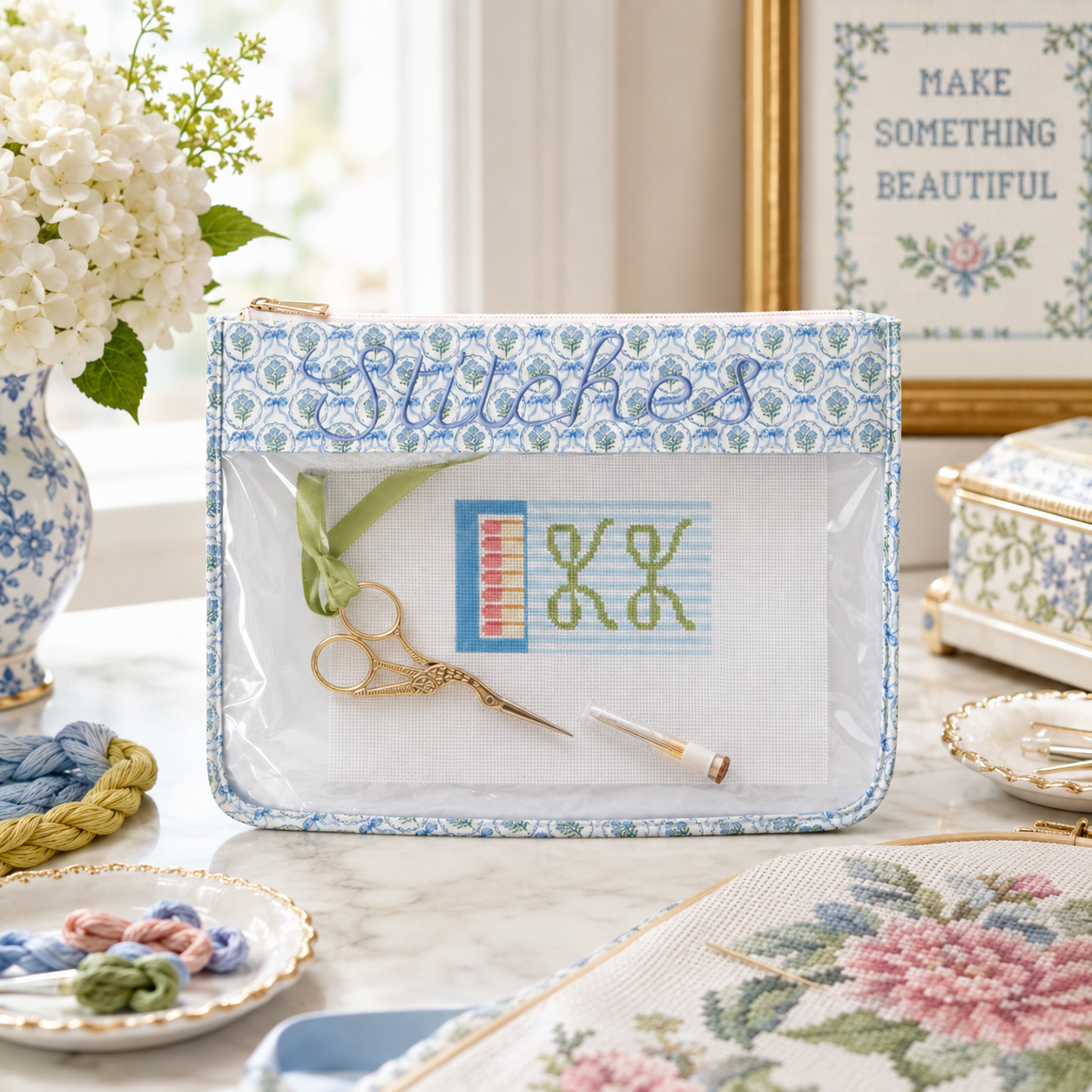 Backper Andromeda Clear Needlepoint Project Bag — Blue Floral (Stitches)