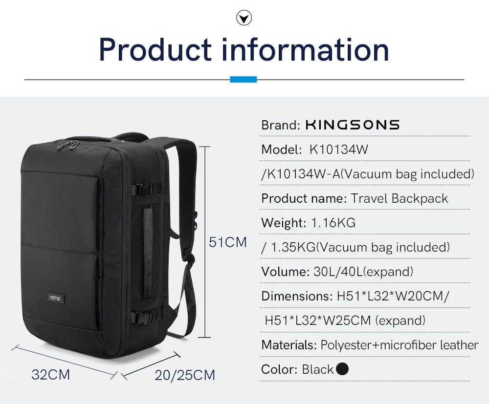 Kingsons waterproof travel backpack — interior compartment