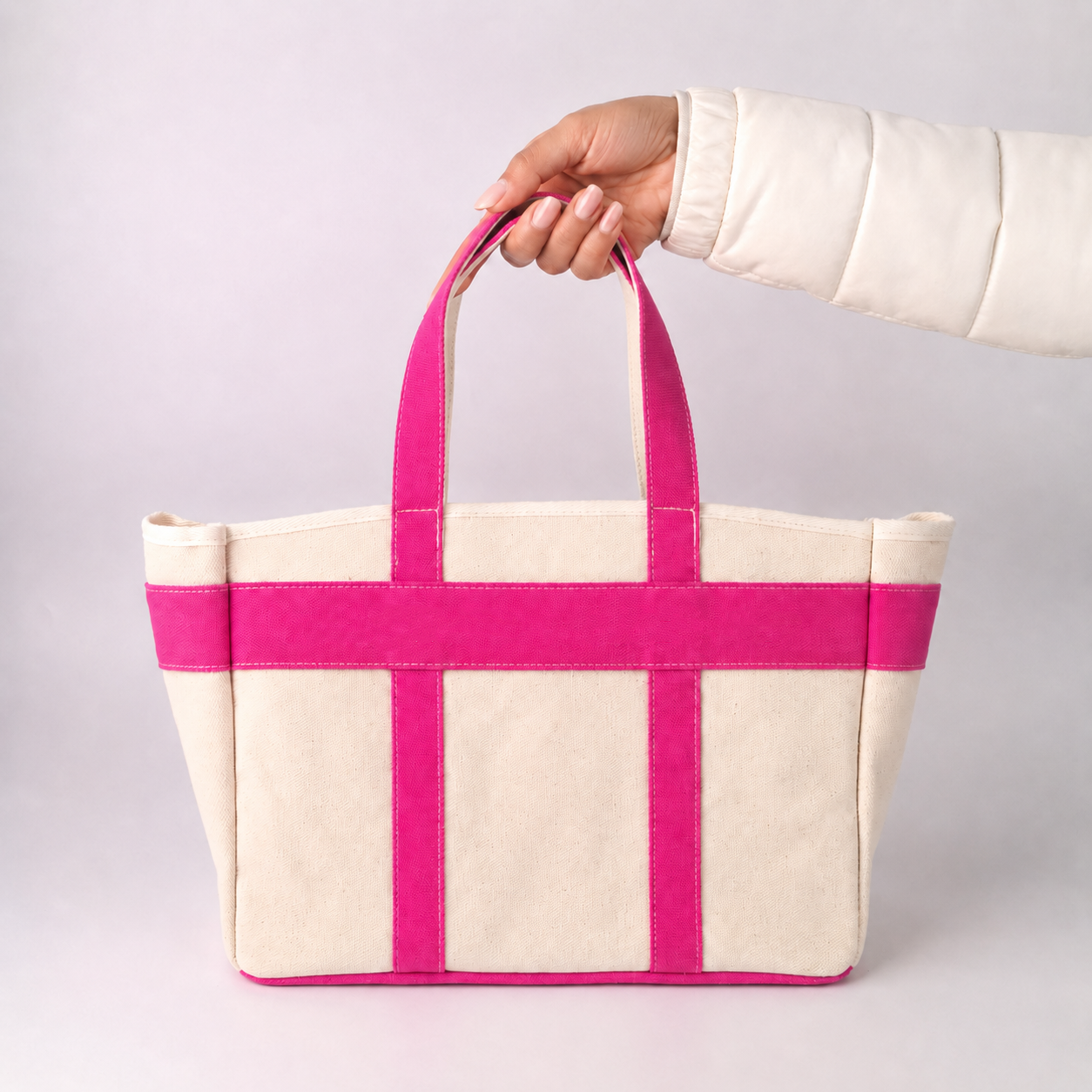 Backper Andromeda Gold-Buckle Structured Canvas Tote — Contrast Hot Pink