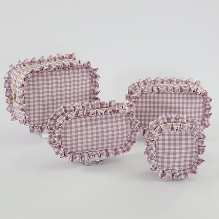 Backper Carina Gingham Ruffle Cotton Makeup Bag — Lilac
