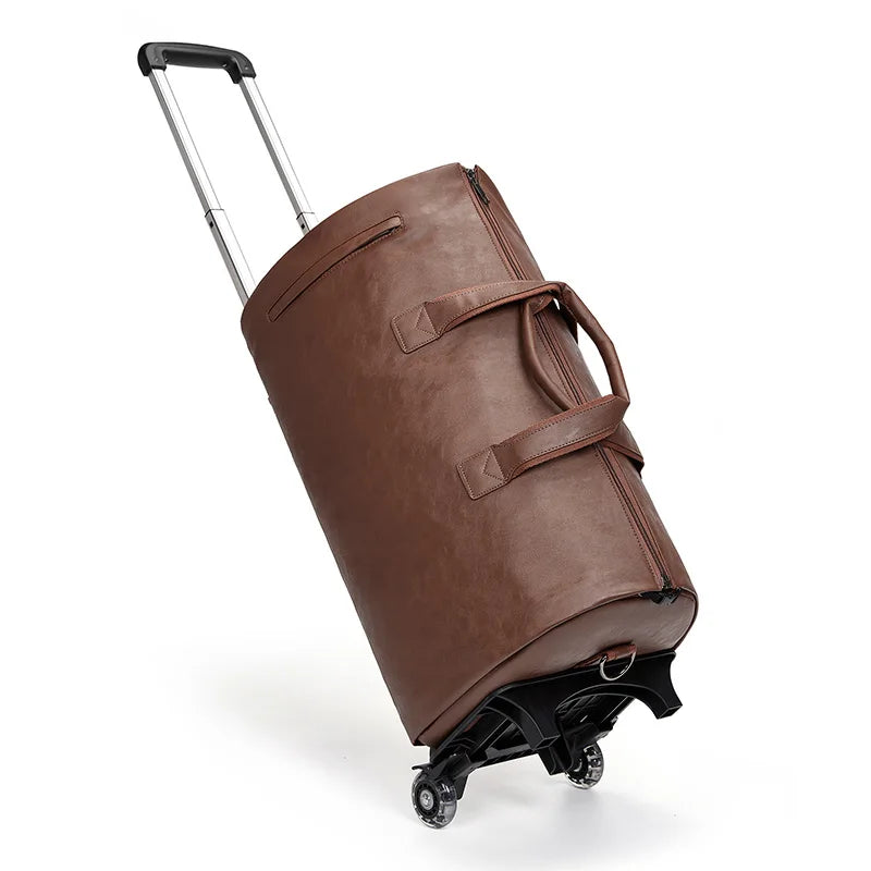 Mingao 209-0 PU Leather Wheeled Garment Travel Duffle Bag - Brown