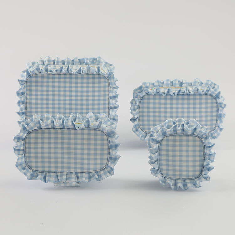 Backper Carina Gingham Ruffle Cotton Makeup Bag — Blue