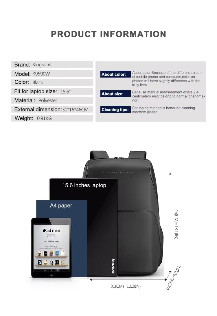 Kingsons K9590W-A Custom Logo USB Laptop Backpack — Black Business Bag for Men
