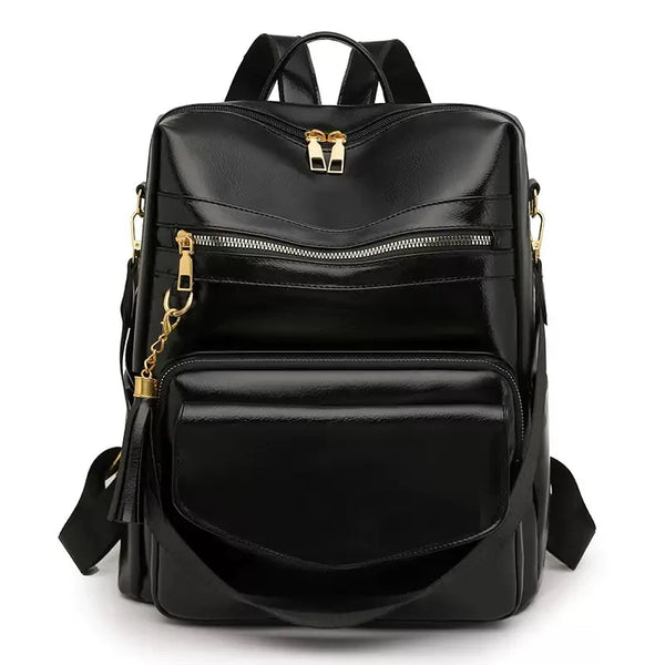 Pearl vintage tassel leather backpack for women in black
