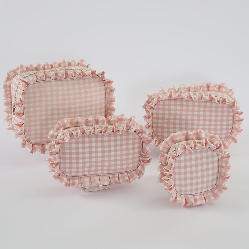 Backper Carina Gingham Ruffle Cotton Makeup Bag — Pink