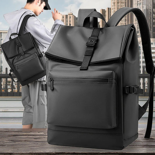 Kalyke flap travel laptop backpack in black, worn