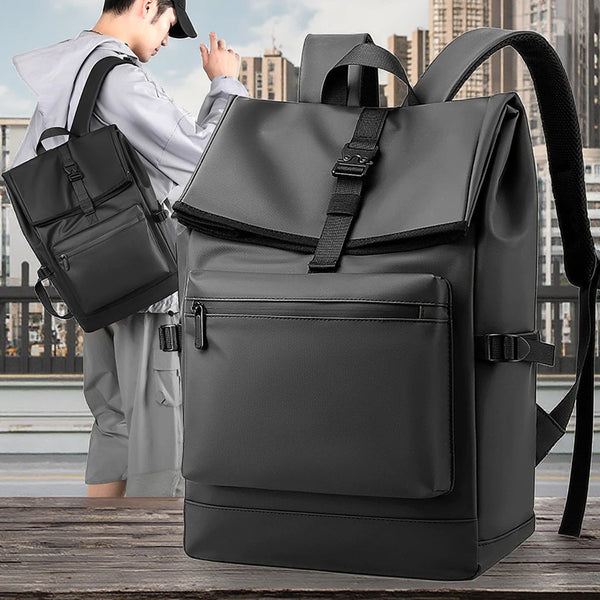 Kalyke flap travel laptop backpack in black, worn