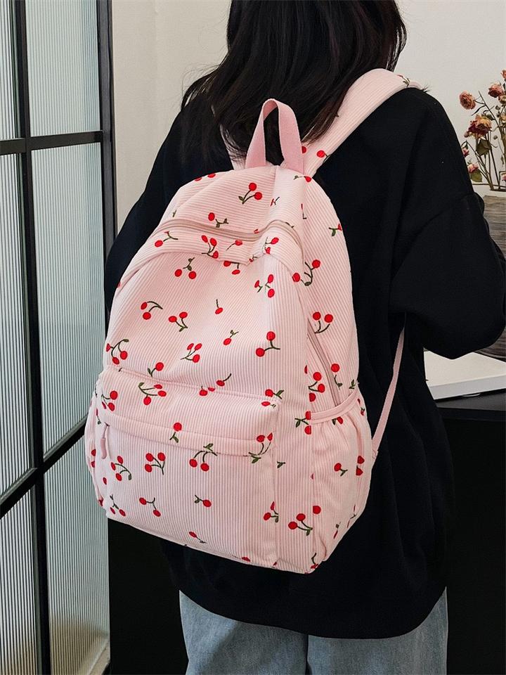 Cherry Print Corduroy Backpack for Women - Spinel SJ8519SCH - Senjia wholesale backpack detail