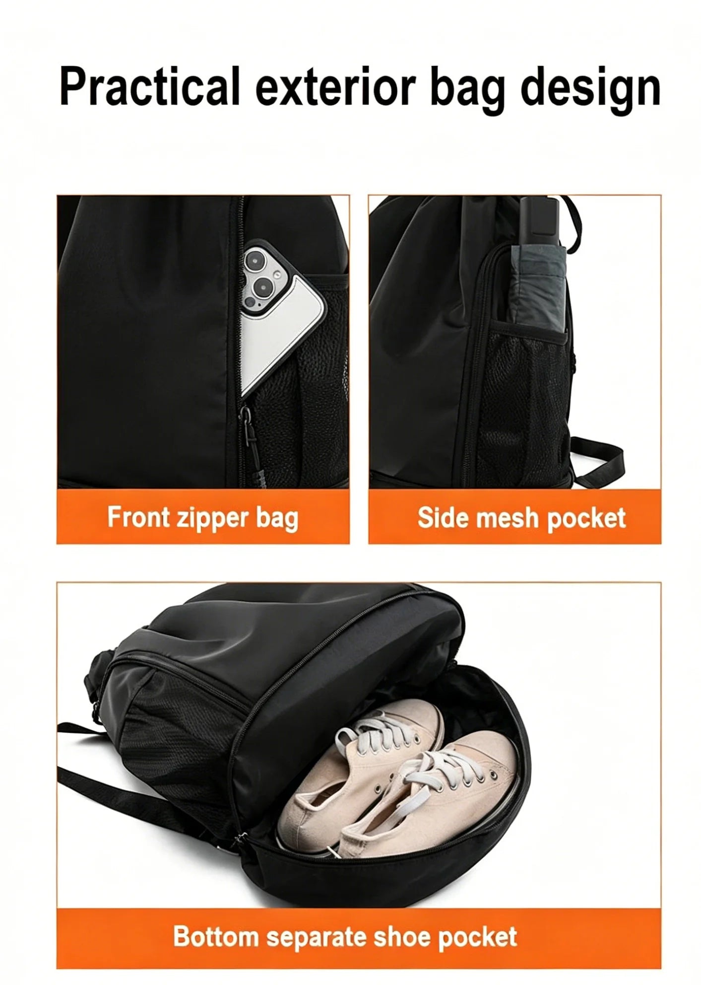 Backper Altair Drawstring Sport Backpack — wet/dry pocket view