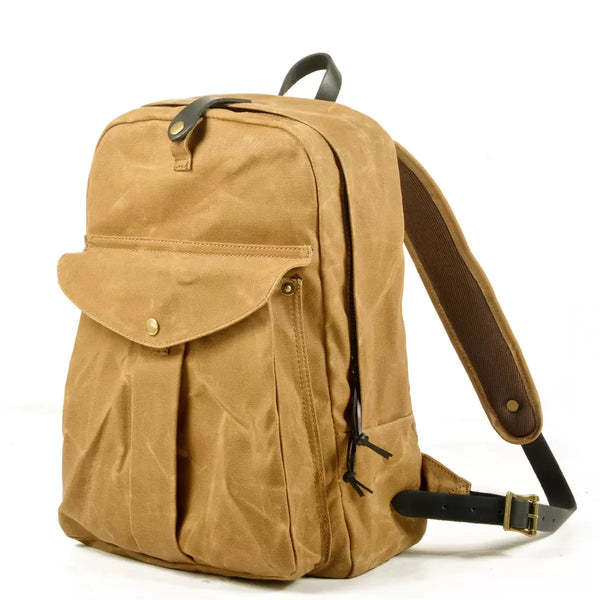 Vintage waxed canvas leather travel backpack front view