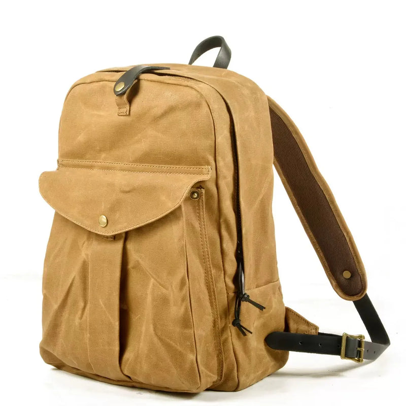 Vintage waxed canvas leather travel backpack front view