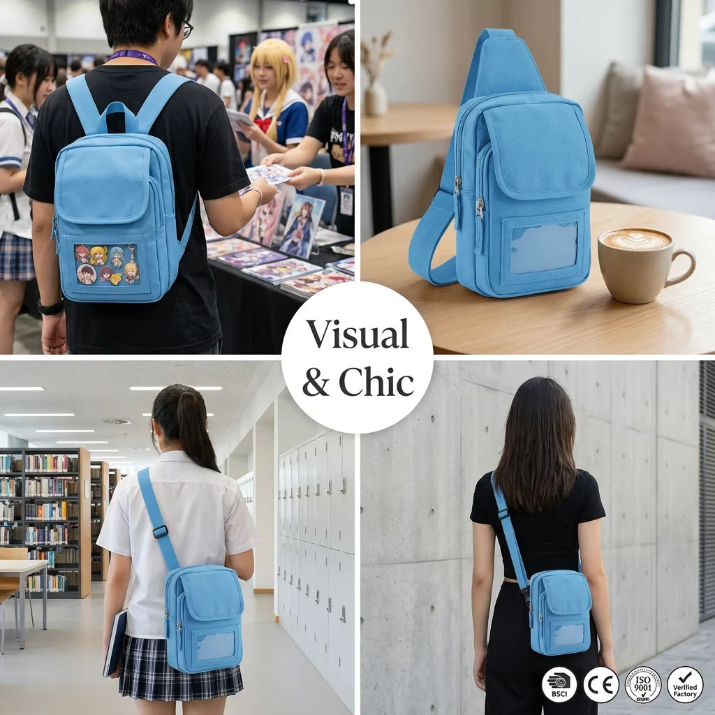 Backper Cepheus Waterproof PSA Slab Window Crossbody Bag — buttoned display panel detail