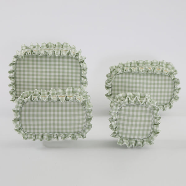 Backper Carina Gingham Ruffle Cotton Makeup Bag — Green
