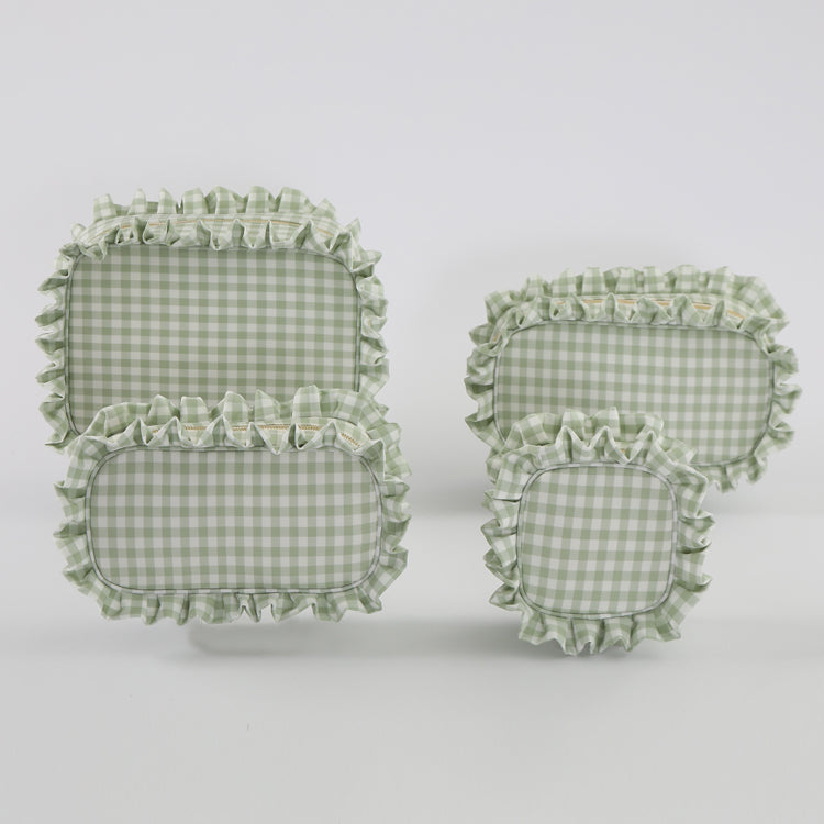 Backper Carina Gingham Ruffle Cotton Makeup Bag — Green