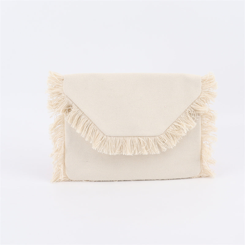 Backper Aries Fringe Cotton Envelope Clutch — Beige