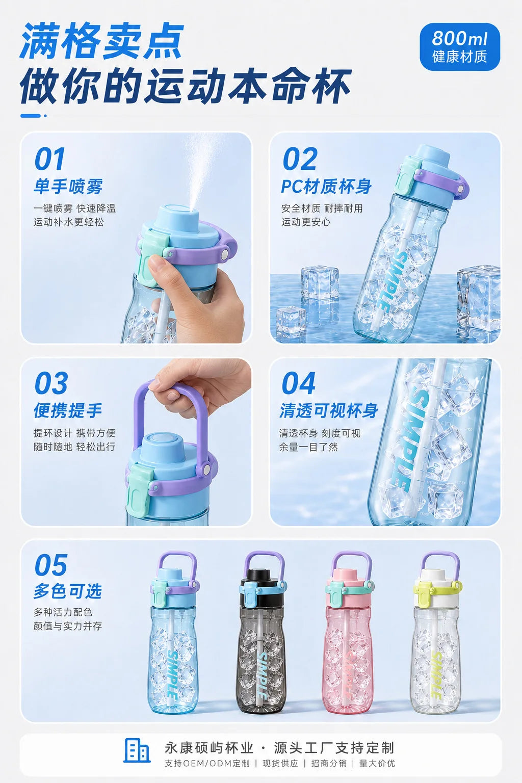 900ml Mist Spray Sports Water Bottle with Straw – Large Capacity Student & Outdoor – 6