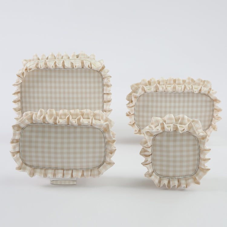 Backper Carina Gingham Ruffle Cotton Makeup Bag — Nude