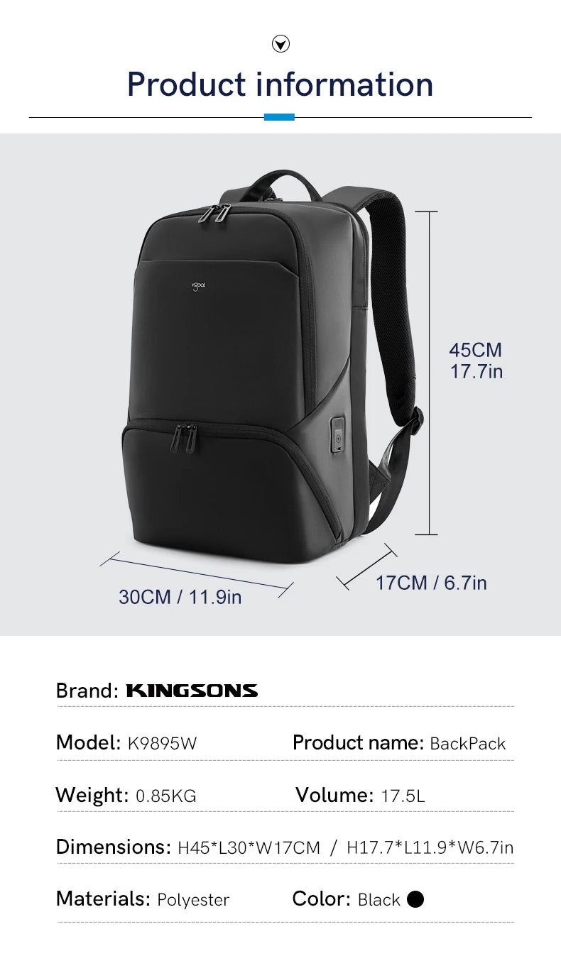 Kingsons USB charging business backpack — interior compartment