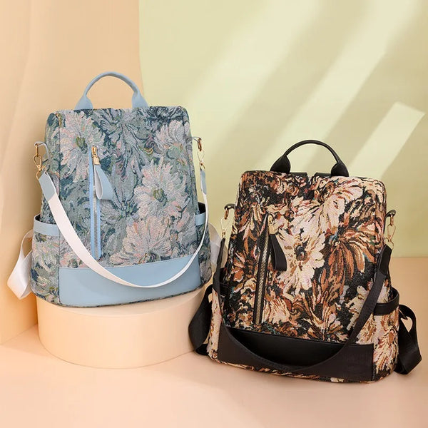Coral Chinese ink-wash print women's backpack, blue and brown floral