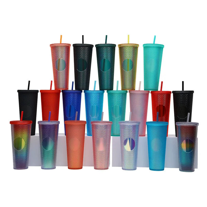 24oz Diamond-Cut Plastic Thermal Mug with Straw and Lid – 3